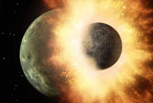 ﻿’거대충돌’ 상상도. 44억 년 전 원시 지구에 테이아라는 화성 크기의 천체가 대충돌하여 달이 생성되었다는 가설이다.(출처: © NASA/JPL-Caltech)