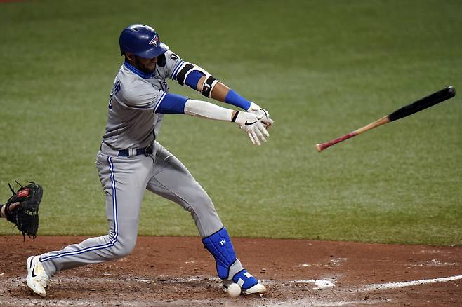 Toronto Blue Jays' Lourdes Gurriel Jr. loses his bat as he fouls off a pitch from Tampa Bay Rays relief pitcher Diego Castillo during the seventh inning of Game 1 of a wild card series playoff baseball game Tuesday, Sept. 29, 2020, in St. Petersburg, Fla. (AP Photo/Chris O'Meara)







<저작권자(c) 연합뉴스, 무단 전재-재배포 금지 >