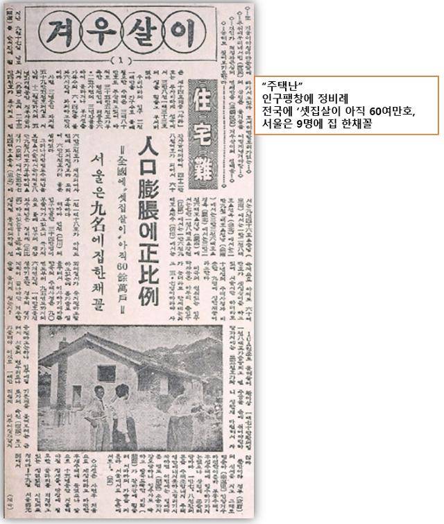 전국에 셋집살이가 60만여호에 달할 정도로 주택난이 심각했다. 1959년 10월 20일자 한국일보 지면