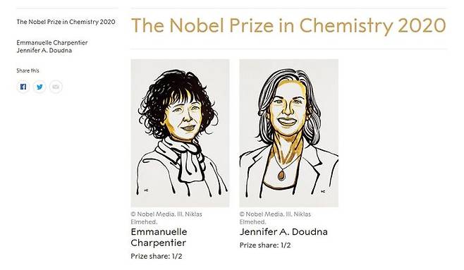 올해 노벨 화학상 수상자인 프랑스의 에마뉘엘 샤르팡티에와 미국의 제니퍼 A. 다우드나의 초상화 (사진=노벨재단 홈페이지)