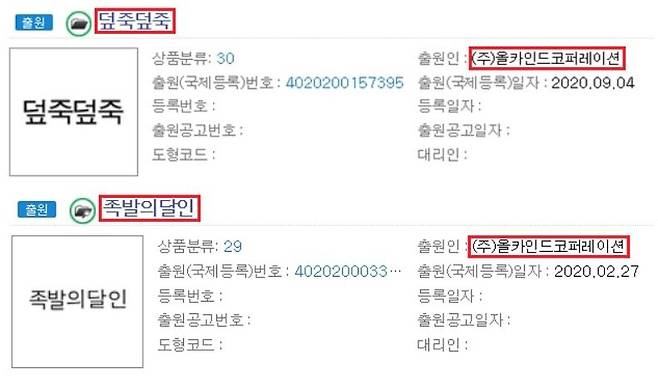 올카인드코퍼레이션이 '덮죽덮죽'에 이어 '족발의 달인' 사업도 철수키로 했다. 올카인드코퍼레이션은 지난 9월4일 '덮죽덮죽' 상표를 등록, 표절 논란을 빚었다. /사진=특허청 키프리스 캡처