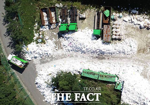 분주히 스티로폼 박스를 운반하는 수거 차량들.