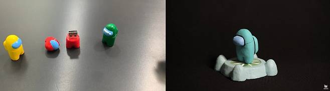 (좌)'어몽어스' USB와 (우)에어팟 케이스와 무선 충전기(사진=백썽TV 유튜브, 사나고 유튜브 발췌).