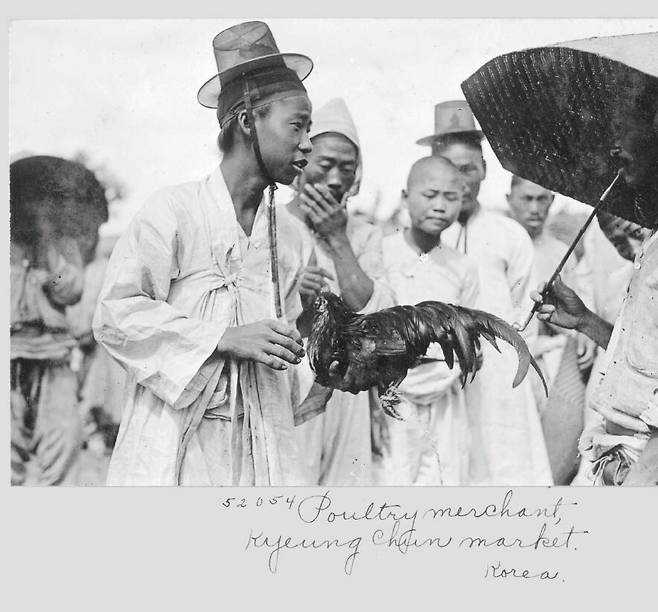 경천장날 갓을 쓰고 두루마기를 입은 이가 방갓을 쓴 이에게 닭을 팔고 있다.