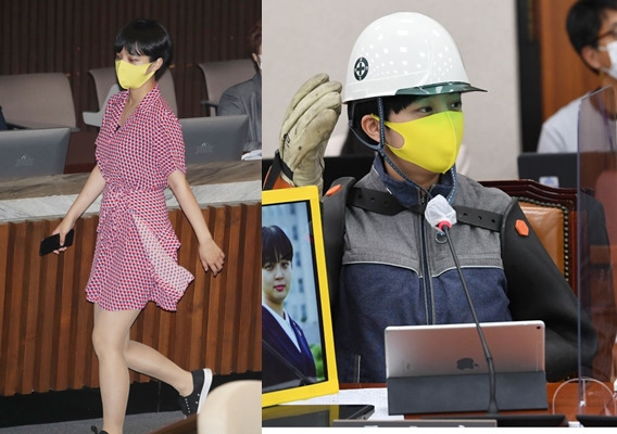 류호정 정의당 의원이 지난 8월 원피스를 입고 국회 본회의에 참석한 모습(왼쪽)과 지난 15일 국정감사에 배선 노동자의 작업복을 입고 피감기관 관계자들에게 질의를 하고 있는 모습. 뉴시스