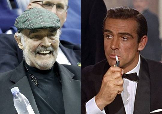 US 오픈 테니스 경기를 관람하는 숀 코너리(왼쪽 사진)과 '007 살인번호'(1962) 출연 당시 숀 코네리. EPA연합뉴스, 영화사 제공