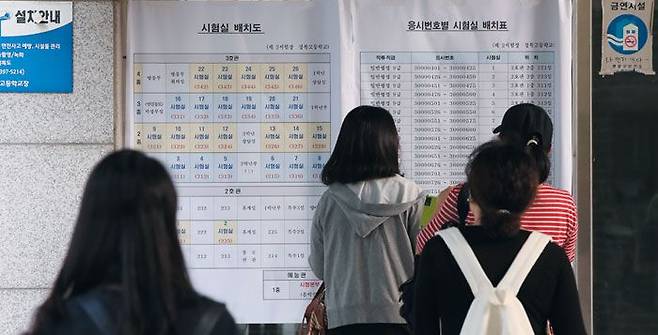 지난해 6월 지방직 9급 공무원 시험 응시생들이 고사장을 확인하고 있다. 2019년 9급 공무원 시험 경쟁률은 국가직 39.2대1, 지방직 10.4대 1이었다.