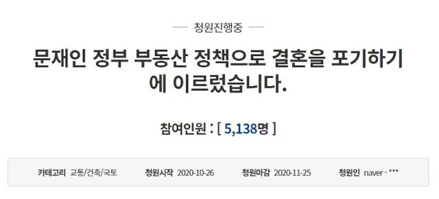 지난달 26일 청와대 국민청원에서 한 청원인은 "부동산 정책 때문에 결혼도 포기할 지경"이라고 하소연했다. 청와대 국민청원 홈페이지 캡처