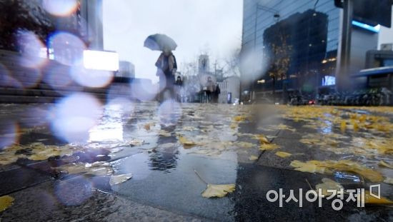 요란한 가을비가 내린 19일 서울 세종대로 인근 거리에서 출근길 시민들이 우산을 쓴 채 발걸음을 재촉하고 있다./김현민 기자 kimhyun81@