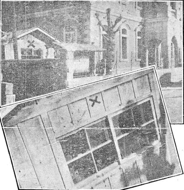 1923년 1월 12일 밤 김상옥이 던진 폭탄에 속수무책으로 당한 종로경찰서. 위아래 사진 ‘X’표시가 된 유리창을 통해 날아든 폭탄은 행인 7명을 다치게 하는 데 그쳤지만 일제 경찰의 간담을 서늘하게 하기에 충분했다.