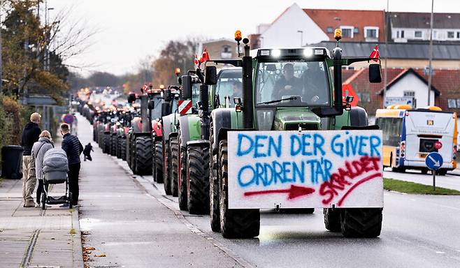 덴마크 올버르그에서 지난 14일 트렉터를 탄 농민들이 정부의 모든 밍크 살처분 명령에 대해 항의하는 시위를 벌였던 모습. 로이터 연합뉴스