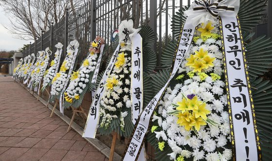 보수 단체와 개인이 가져다 놓은 추미애 법무부장관 조화가 22일 정부 과천청사 담장에 도열해 있다. 최정동 기자