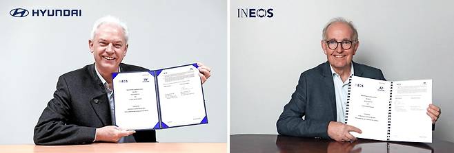 Albert Biermann (left), president of Hyundai Motor’s R&D division, and Peter Williams, chief technology officer of Ineos, pose for a photo after signing an agreement at an online business agreement ceremony on Friday. (Hyundai Motor)