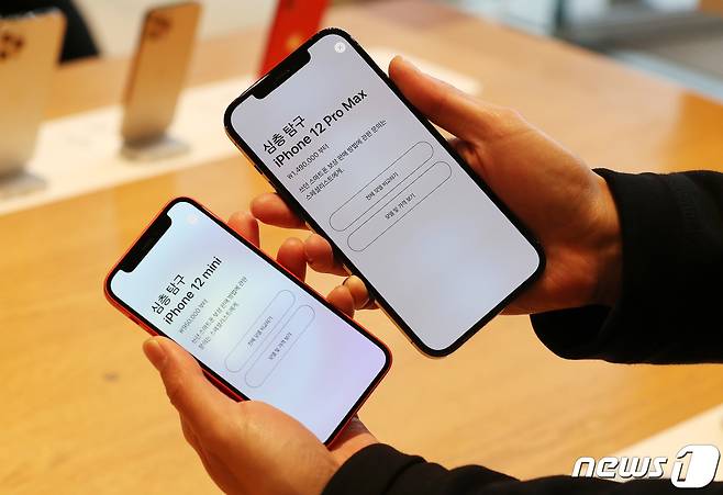 애플의 아이폰12 프로맥스와 아이폰12 미니가 공식 출시한 20일 오전 서울 강남구 가로수길 애플스토어에서 한 고객이 아이폰12 프로맥스와 미니를 비교하고 있다. 2020.11.20/뉴스1 © News1 박지혜 기자