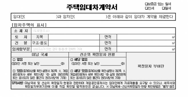 ▲표준 임대차 계약서, 월세세액공제를 받기 위해서는 필요하다.