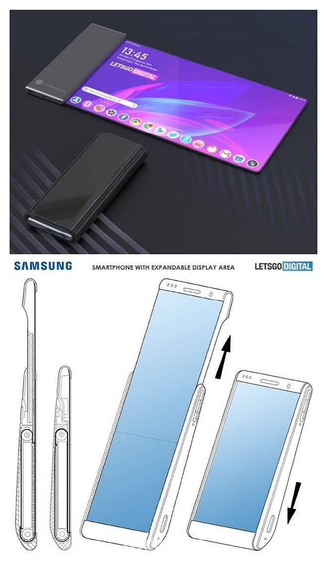 각사가 동록한 특허 내용 등을 바탕으로 한 LG전자(위)와 삼성전자(아래)의 롤러블폰 가상 이미지. (사진= 레츠고디지털)