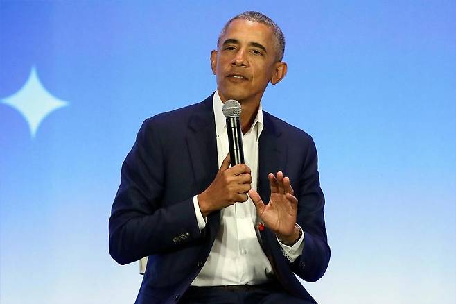 Former President Barack Obama speaking at the My Brother's Keeper Alliance Summit in Oakland, Calif. on Feb. 19, 2019. (AP-Yonhap)