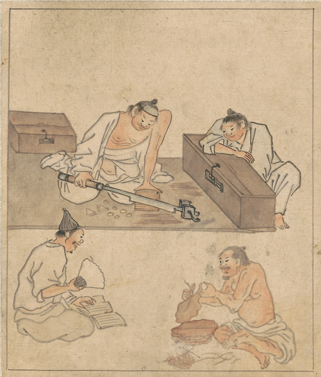 김홍도 〈담배썰기〉 《단원풍속도첩 檀園風俗圖帖》, 종이에 엷은 채색, 28×23.9cm, 보물 제527호, 국립중앙박물관