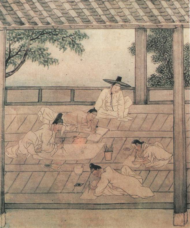 강희언 〈사인휘호(士人揮毫)〉《사인삼경도첩》, 종이에 엷은 채색, 26×21cm, 개인 소장