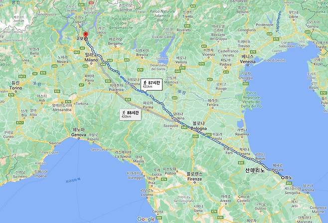 '포레스트 검프'를 연상케하는 이탈리아 남성이 걸은 거리. [구글맵 갈무리. 재판매 및 DB 저장 금지]