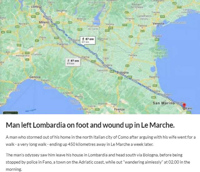 부부 싸움을 하고 9일 밤낮을 걸은 이탈리아 남성의 사연을 전한 현지 매체 홈페이지 캡처.