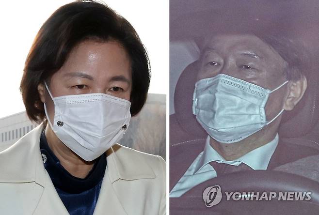 출근하는 추미애 장관과 윤석열 검찰총장 (과천·서울=연합뉴스) 서명곤 류영석 기자 = 추미애 법무부 장관(왼쪽)이 7일 오전 과천정부청사 법무부로 출근하고 있다. 비슷한 시각 윤석열 검찰총장이 서울 서초구 대검찰청으로 출근하고 있다. 2020.12.7 photo@yna.co.kr