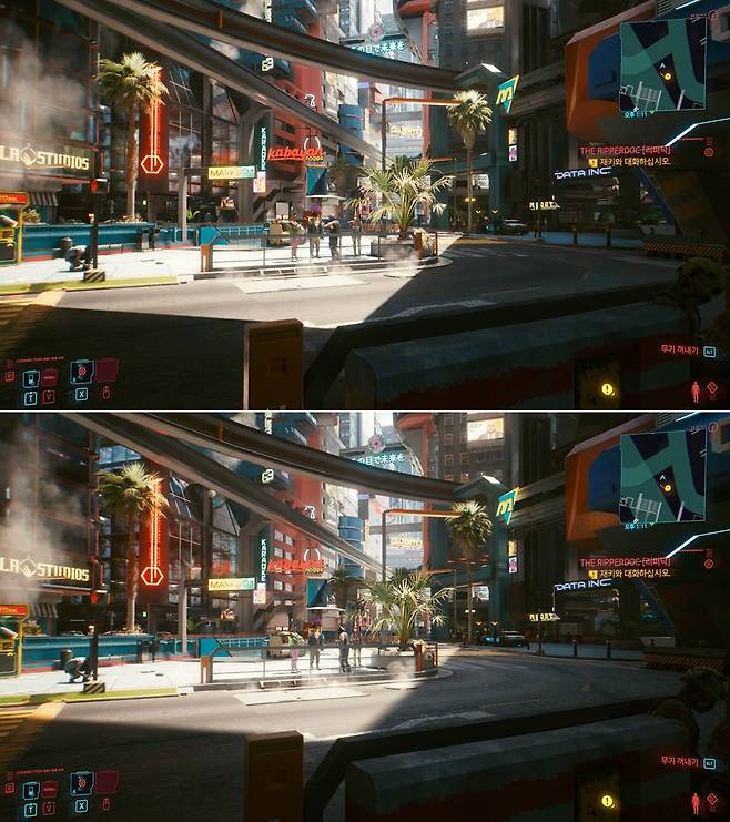 위 울트라 옵션, 아래 울트라 옵션+레이트레이싱 울트라 환경. 스크린샷으로 차이를 느끼기는 힘들다.