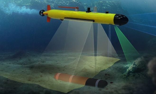 수중자율기뢰탐색체 체계개발은 바닷 속의 지뢰라고 할 수 있는 기뢰를 수중자율주행, 장애물 회피 등 첨단기술을 활용하여 자율 탐색하는 수중 로봇을 국내 기술로 개발하는 사업이다. 사진=방위사업청