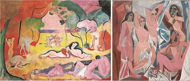 마티스의 대표작 `삶의 기쁨`(1906)과 피카소의 작품 `아비뇽의 처녀들`(1907). 둘은 각각 야수파, 입체파를 이끌며 세기의 라이벌이 됐다.