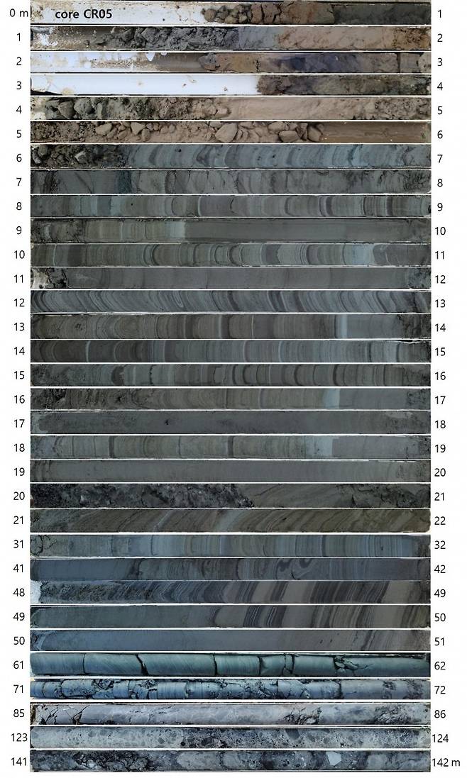 적중-초계분지에서 회수한 시추코어 단면 사진. 지질자원연구원 제공.