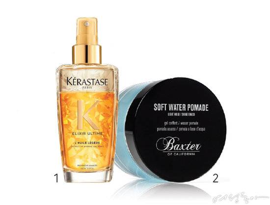 1 케라스타즈 by 시코르 엘릭서얼팀 볼류마이징 100ml 5만9천원. 2 백스터 오브 캘리포니아 by 그루밍 클럽 소프트 워터 포마드 60ml 2만7천원.