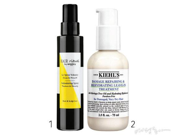 1 헤어 리추얼 바이 시슬리 볼류마이징 스프레이 150ml 9만9천원.  2 키엘 데미지 리페어링 리브 인 트리트먼트 75ml 3만7천원대.