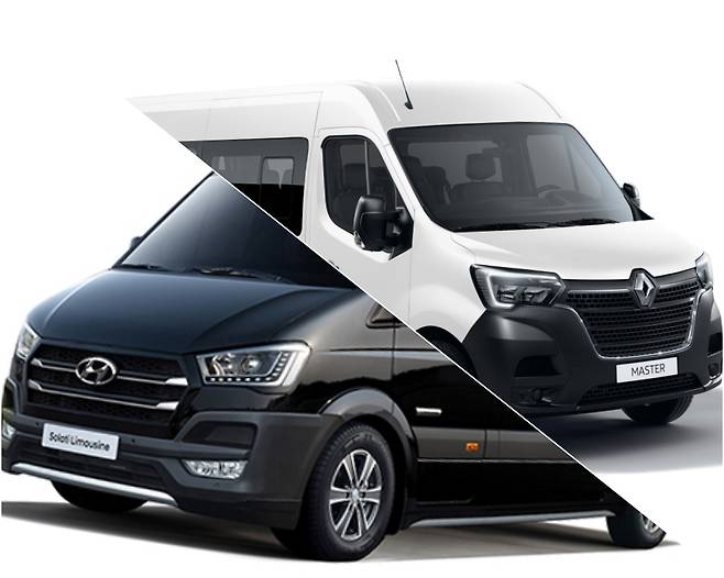 르노 ‘마스터’(오른쪽)와 현대 ‘쏠라티’는 ‘변신의 귀재’로 불린다. 마을버스나 학원의 셔틀버스는 물론 캠핑카나 택배차, VIP 의전차로도 다양하게 활용되며 국내 상용 밴과 미니버스 시장을 개척하고 있다. /사진제공=각 사