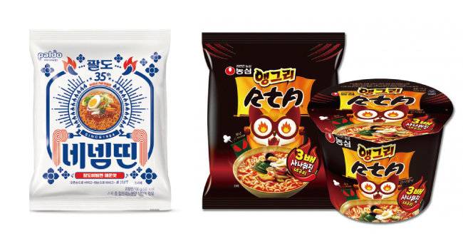 ‘팔도 비빔면’ 출시 35주년을 기념해 2019년 출시된 한정판 ‘괄도 네넴띤’.(왼쪽)  농심의 ‘앵그리 RtA 라면’. 라면 봉지에 흘림체로 쓴 ‘너구리’ 글씨를 180도 회전하면 알파벳 RtA처럼 보이는 데서 착안해 제품명을 지었다. [동아DB, 농심 제공]