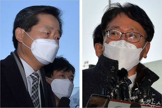 윤석열 검찰총장에 대한 `정직 2개월' 징계 처분 집행정지 2차 심문이 열린 24일 윤 총장 측 변호인 이석웅(왼쪽) 변호사와 법무부 측 변호인 이옥형 변호가 서울행정법원에 들어서고 있다. 박종민기자
