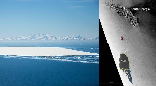 영국공군이 촬영한 A-68d 빙산과 그 뒤로 사우스조지아섬이 보인다. 오른쪽은 위성으로 촬영한 모습