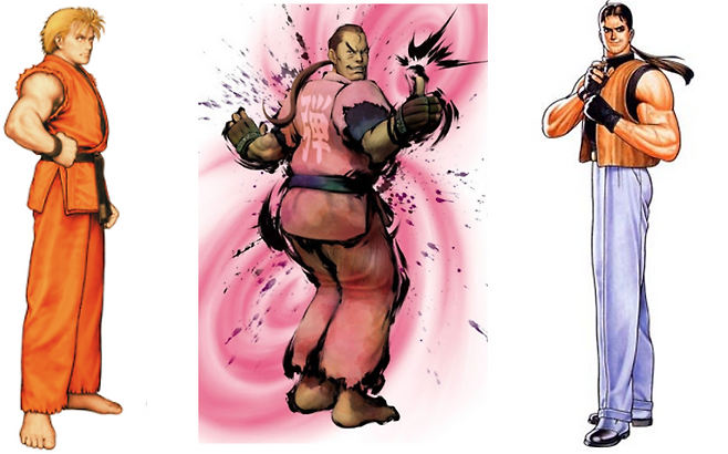 (용호의권의 료(좌)와 로버트(우).. 그리고 둘과 유사한 점이 많은 캐릭터 단(가운데))