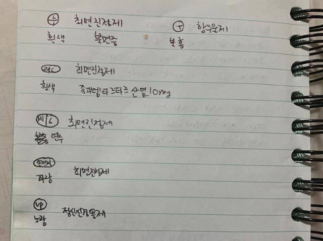 어머니 권씨가 기록해뒀던 고유민 선수가 복용하던 수면제. 권씨에 따르면 고유민 선수는 2018년 7월부터 수면제를 복용하기 시작했다. 우태경 기자.