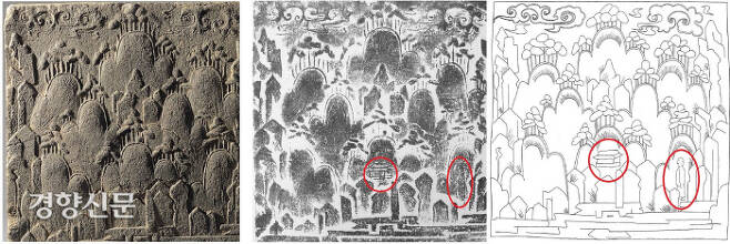 1937년 충남 부여 규암면 외리에서 발견된 ‘문양전(무늬 전돌)’ 중 산수인물화의 시원으로 꼽히는 ‘산수무늬 전돌’.  하단에 물, 중앙에는 산과 나무, 그리고 윗부분에는 하늘을 그렸고, 오른쪽 하단부에 스님인지, 도인인지 모를 신비의 인물이 암자로 보이는 팔작기와 건물을 향해 걷고 있다.|국립부여박물관 제공