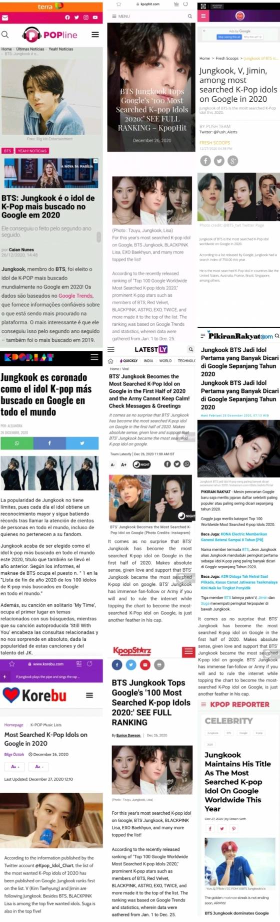 방탄소년단 정국, 2020년 구글 최다 검색 K팝 아이돌 1위..'4년 연속'