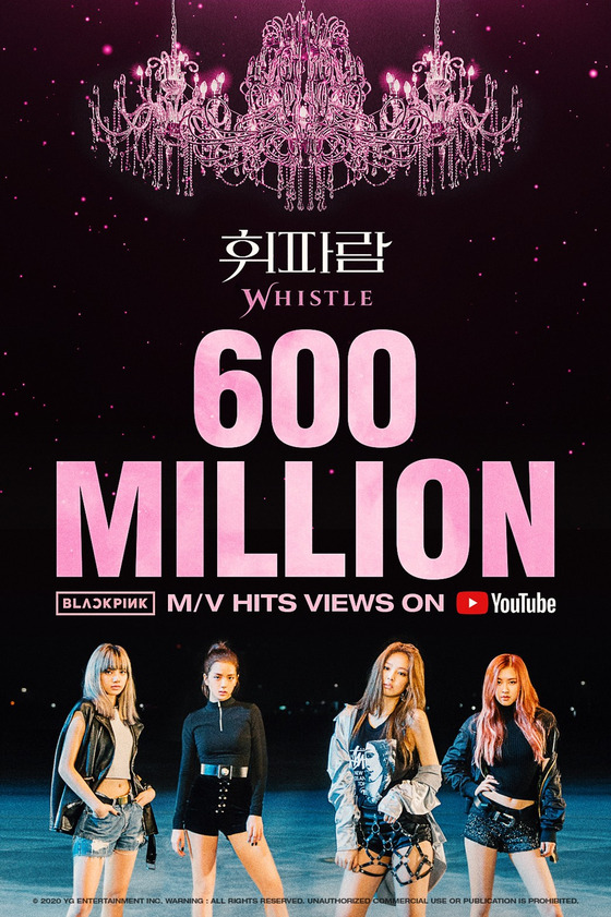 Blackpink's "Whistle" music video surpassed 600 million views on YouTube as of early Wednesday morning. [YG ENTERTAINMENT]