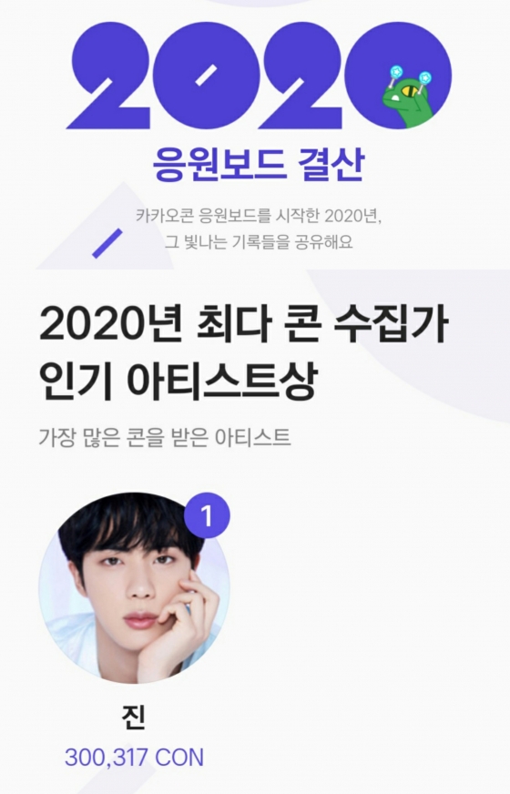 방탄소년단 진, 카카오콘 응원보드 '2020년 최다 콘 수집가 인기 아티스트상' 선정