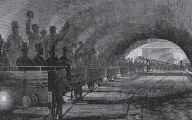 1863년 1월, 세계 최초의 지하철인 런던 메트로폴리탄선의 시범 운행을 담은 목판화. 웰컴파운데이션 제공