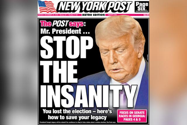 도널드 트럼프 미국 대통령의 사진 옆에 '미친 짓 그만'이라는 문구를 크게 적은 뉴욕포스트 표지. 뉴욕포스트 홈페이지