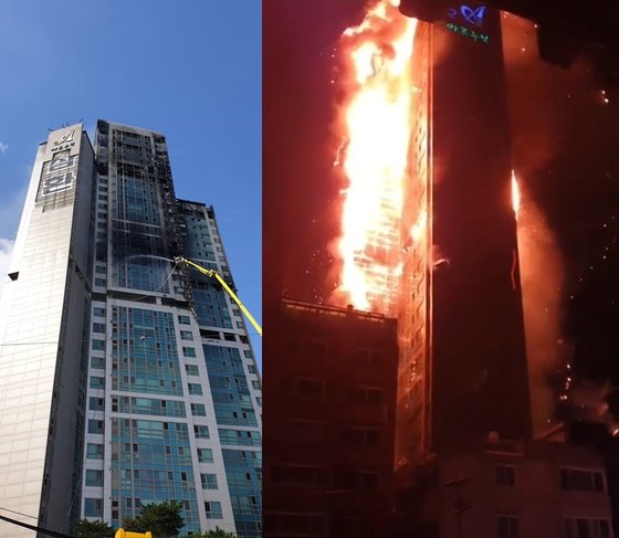 울산의 33층짜리 주상복합아파트 화재. 사진 중앙포토·연합뉴스
