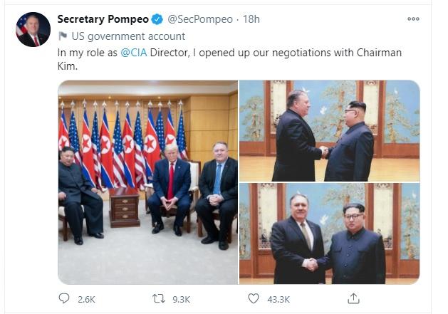 마이크 폼페이오 미 국무장관이 2일 자신의 트위터에 "CIA 국장으로서 김정은 위원장과의 협상을 개시했다"는 글과 사진을 올렸다. 폼페이오 트위터 캡처
