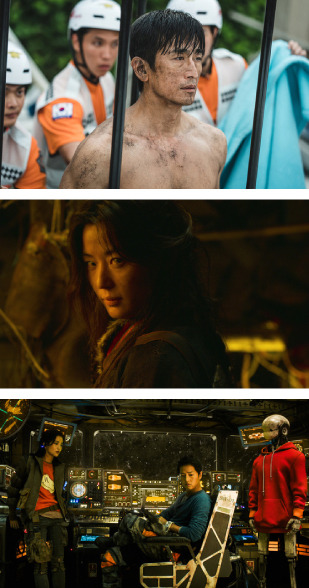 From the top, scenes from “What Happened to Mr. Cha?,″ “Kingdom: Ashin of the North,″ and ″Space Sweepers.″ The former premiered in Netflix on Jan. 1 and the latter two are scheduled to be released on the streaming platform sometime later this year. [NETFLIX]