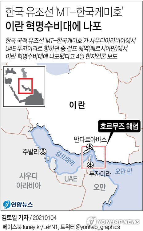 [그래픽] 이란혁명수비대 한국 유조선 나포 (서울=연합뉴스) 김토일 기자 = 한국 국적 유조선이 걸프 해역(페르시아만)에서 이란 혁명수비대에 의해 나포됐다고 로이터, AFP통신이 이란 파르스통신을 인용해 4일(현지시간) 보도했다.      kmtoil@yna.co.kr      페이스북 tuney.kr/LeYN1 트위터 @yonhap_graphics