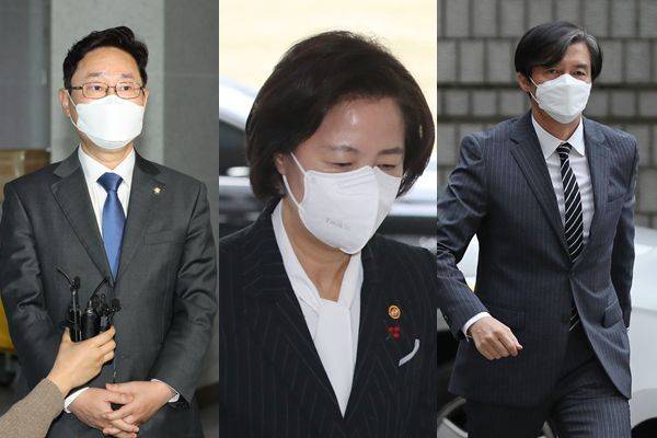 각종 불법 논란에 휩싸인 박범계 법무장관 후보자(왼쪽부터)와 추미애 장관, 조국 전 장관.