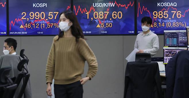 Currency dealers are seen in Hana Bank's dealing room, showing an electronic board of closing figures of South Korea's stock market, in its headquarters in Seoul, Tuesday. (Yonhap)